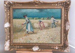 Móna Sándor falusi életkép festmény 89x67 cm kerettel