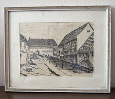 Utcakép tus rajz keretezve - K. Höpfinger 1978