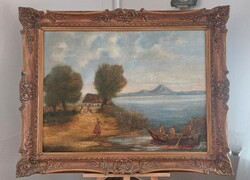 Életkép festmény vízparti házikóval 120x95 cm kerettel