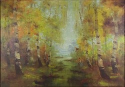 1W461 Magyar festő 20 sz. második fele LAJTI : Nyírfa liget 70 x 50 cm