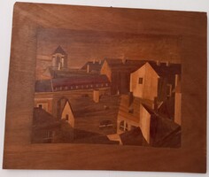 Kézműves intarziás kép, házak