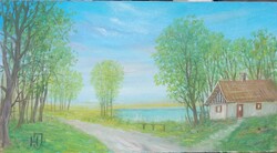 Horváth József (Óbuda,1962-Balatonmáriafürdő,2019)  - "Örök nyár"  -  (olaj,farost 16,5×30 cm)