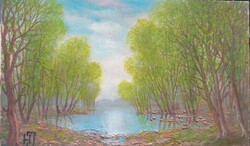 Horváth József (Óbuda,1962-Balatonmáriafürdő,2019)  - "Szigetközi táj"  - (olaj,farost 19,5×32,5 cm)