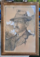 NAGYHÁZINÁL AUKCIONÁLT KÉP! Arthur Deleu: Kalapos férfi portréja (szén, fedőfehér) belgiumi festő