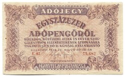 100000 százezer adópengő 1946 sorszámos, vízjeles papír 2.