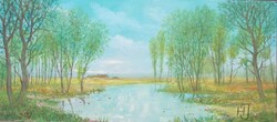 Horváth József (Óbuda,1962-Balatonmáriafürdő,2019)  - "Szép nyári nap"  - (olaj,farost 18×40 cm)