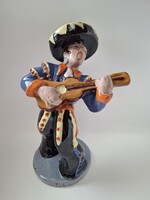 Komlós nagyméretű kerámia figura, mexikói zenész, gitáros, 27 cm