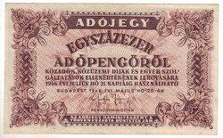 100000 százezer adópengő 1946 sorszám nélküli 2.