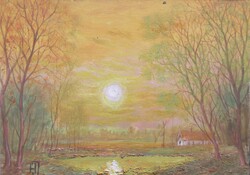 Horváth József (Óbuda,1962-Balatonmáriafürdő,2019)  - "Alkony a tanyán"  - (olaj,farost 20×30 cm)