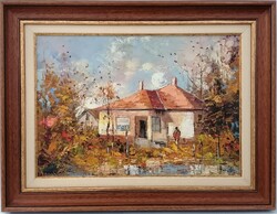 Jakubik István: Ház a falu szélén, képméret: 40x50 cm, keretezett képméret: 48x58 cm