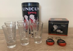 Unicum reklámtárgyak (poharak, kulcstartók, dobozok)