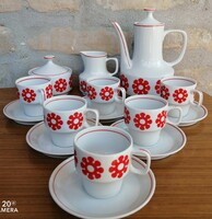 Retro Hollóházi 6 személyes kávés / mokkás készlet _ piros stilizált virág dekorral