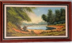 Solymos Tamás: Reggel a folyónál, képméret: 40x80 cm, keretezett méret: 48x88