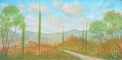 Horváth József (Óbuda,1962-Balatonmáriafürdő,2019)  - "Toscana dombjai"  - (olaj,farost 20×40 cm)