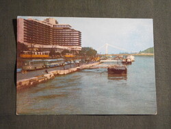 Képeslap,Budapest,Duna part,kikötő,autóbusz,villamos megálló,Inter Continental hotel,részlet,1972-