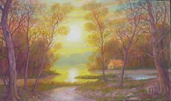 Horváth József (Óbuda,1962-Balatonmáriafürdő,2019)  - "Indián nyár a..."  - (olaj,farost 26×44 cm)