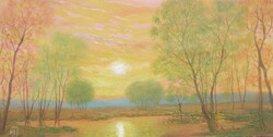 Horváth József (Óbuda,1962-Balatonmáriafürdő,2019)  - "Naplemente"  - (olaj,farost 20×40 cm)