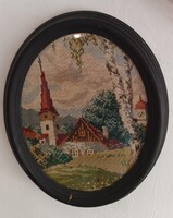 Antik gobelin  ovális keretben - falukép templommal - EGY HÓNAPIG A GALÉRIÁN!!!