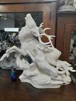 Ritka Csehszlovák,Jihokera Bechyně Nagyméretű Vadász Fajansz,Szarvast Üldöző Farkasok Figura.42 cm.