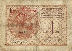 1 dinár 4 korona felülbélyegzés 1919 Szerb Horvát Szlovén királyság 2.
