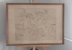 (K) Ritka nagyméretű Borsos Miklós rézkarc  85x62 cm kerettel