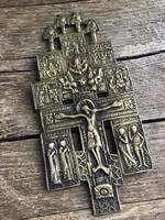Antik orosz ortodox bronz kereszt bibliai jelenetet és szentet ábrázoló
