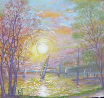Horváth József (Óbuda,1962-Balatonmáriafürdő,2019)  - "Balatoni fény"  - (olaj,farost 19,5×20,5 cm)