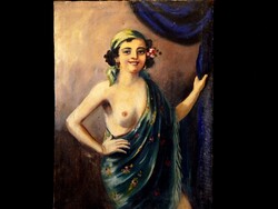 Ismeretlen festő 60x80 cm-es olaj-vászon akt festménye, keret nélkül (!), a XX. szd. első feléből