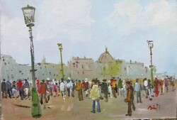Bánfi - "Eltűnt kupolák nyomában.." - Budapesti forgatag (olaj,karton 23×33 cm)