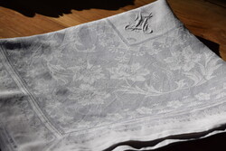 Régi antik selyem damaszt asztalterítő terítő abrosz virág minta nagy M Monogram 155 x 152