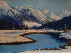 Ludwig von Senger (1873-1937): Alpesi táj,  metálezüst 75 x 100 cm-es  keretben, kiváló állapotban