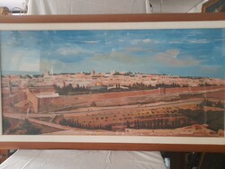 Judaika,Kun Zsolt Jeruzsálem Látkép,Művészakril,Vászon Fa Keretben,Reprodukció Festmény.55 x 115 cm.