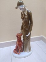 Hollóházi - art deco ruhás hölgy vizslával, hibátlan, jelzett, 40 cm