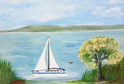 Festmény (FM/01) -  FÜLÖP M.:VITORLÁS A BALATONON (akril, karton, 35 x 25 cm)