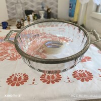 Bordázott üveg tál,lábos, alpakka fogantyúval, peremmel   eladó!