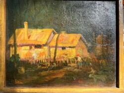 Petten Ödön  (1890-?) Tanya régi olaj festmény antik kép