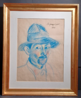 Nyergesi János: Kalapos férfi - 1930 - grafika arany keretben