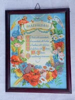 Régi papírkép háziáldás fa keretben