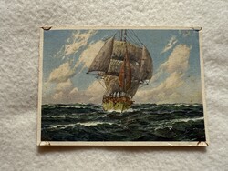 Antik, régi grafikus hajó képeslap - Postatiszta                                    -25