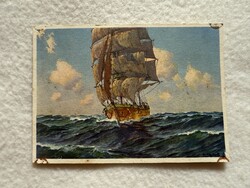 Antik, régi grafikus hajó képeslap - Postatiszta                                    -25