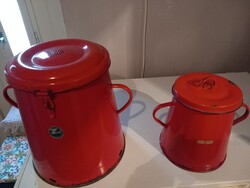 2 db Retro piros csatos, zománcozott zsíros bödön