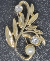 Vintage aranyozott gyöngy, kristály leveles bross kitűző