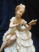 Wallendorf ülő balerina tükörrel, szép festésű, hibátlan, jelzett 18 cm