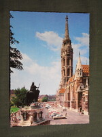 Képeslap,Budapest,Mátyás templom,Szent Itván szobor,autó,városi látkép,részlet, 1982-