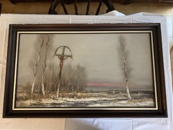 Puskás Imre "Pléh Krisztus" című olajfestménye fa keretben (103x61cm)