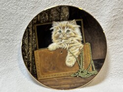 Porcelán cicás, macskás dísztányér, angol