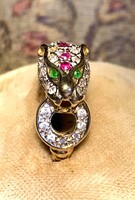 Cartier jellegű 18 K párduc gyűrű brillekkel smaragdokkal rubinokkal