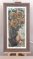 Szép szignózott virágcsendélet festmény 50x92 cm kerettel