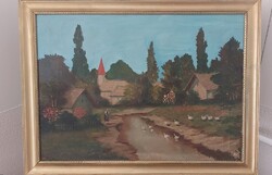 Solti Imre kis falu festmény 74x56 cm kerettel