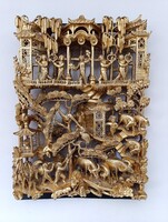 Antik kínai kép faragott fa sokalakos szobor életkép arany bútor berakás 908 3015